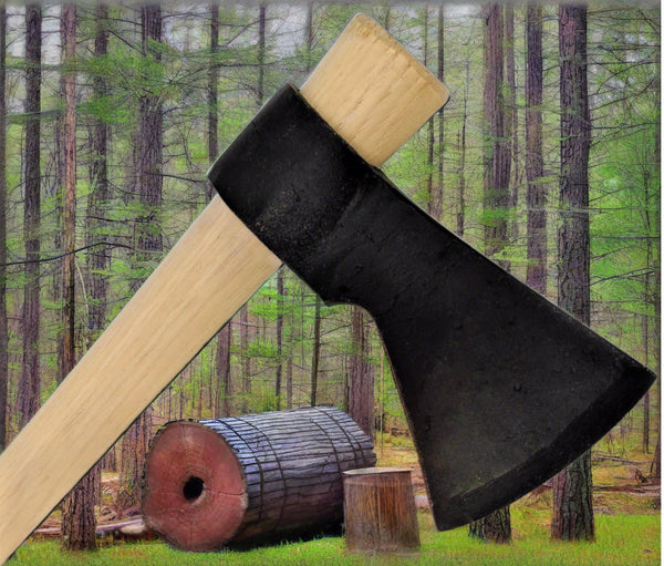 a tomahawk sized for a small adult in front of cut logs and a grove of trees
