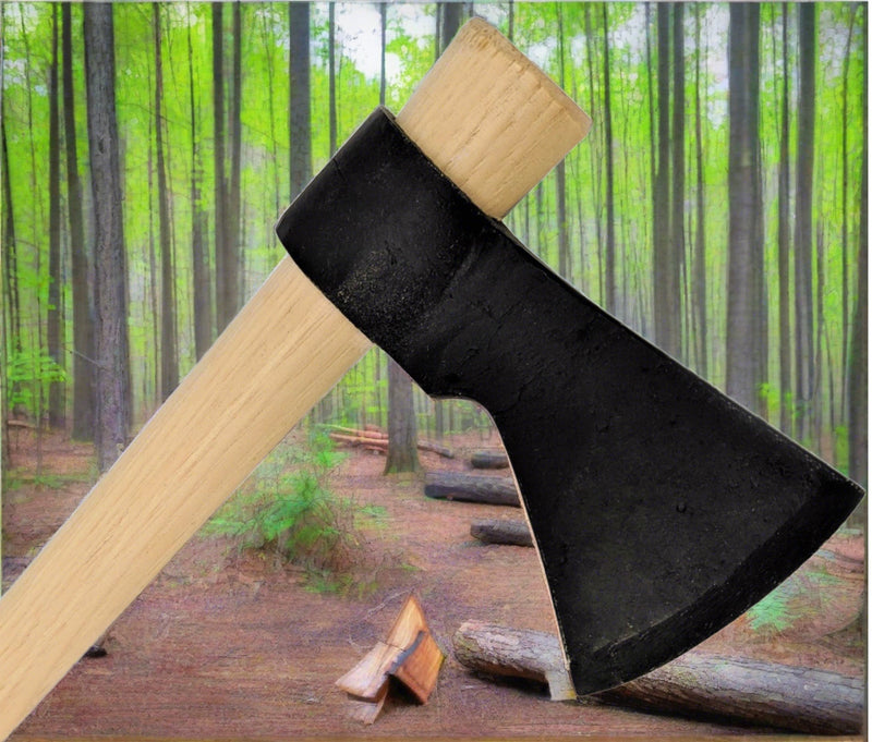 a tomahawk sized for a small adult in front of cut logs and a grove of trees